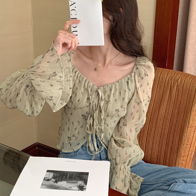 【F60209】實拍法式浪漫復古碎花褶皺雪紡衫250225
