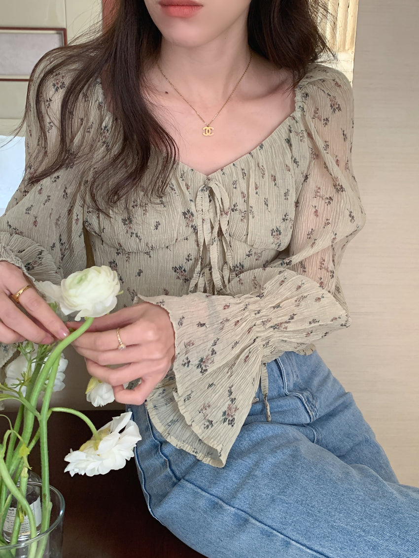 【F60209】實拍法式浪漫復古碎花褶皺雪紡衫250225