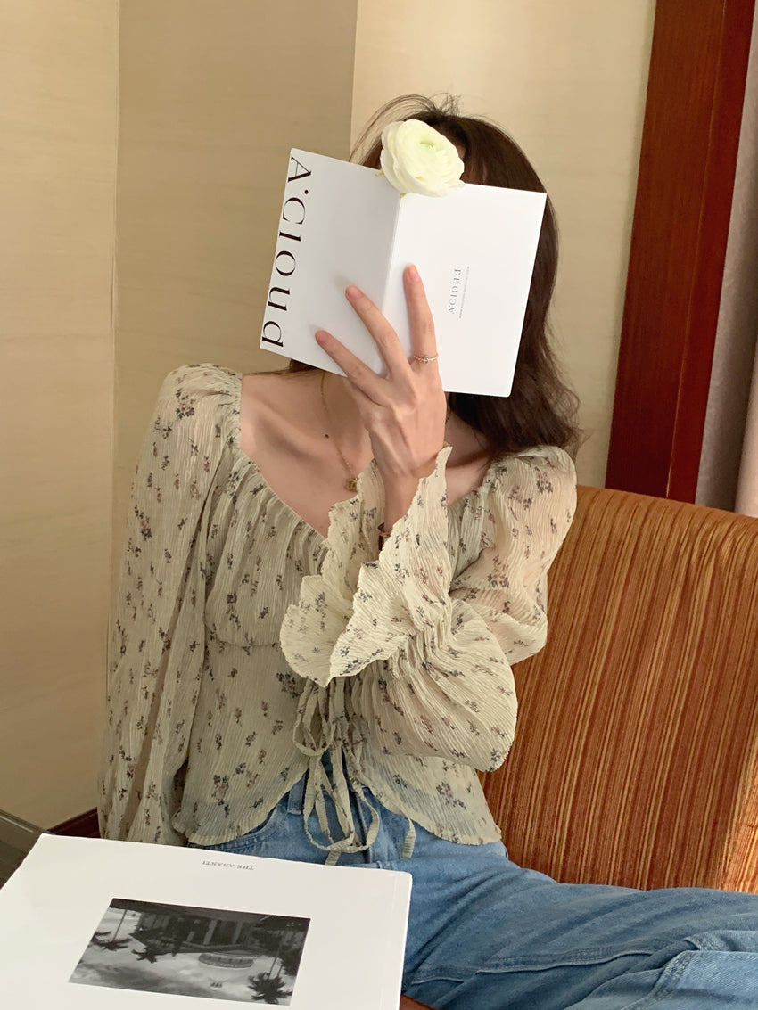【F60209】實拍法式浪漫復古碎花褶皺雪紡衫250225