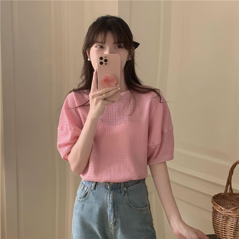 【F60340】實拍韓系簡約泡泡袖肌理短袖T250408