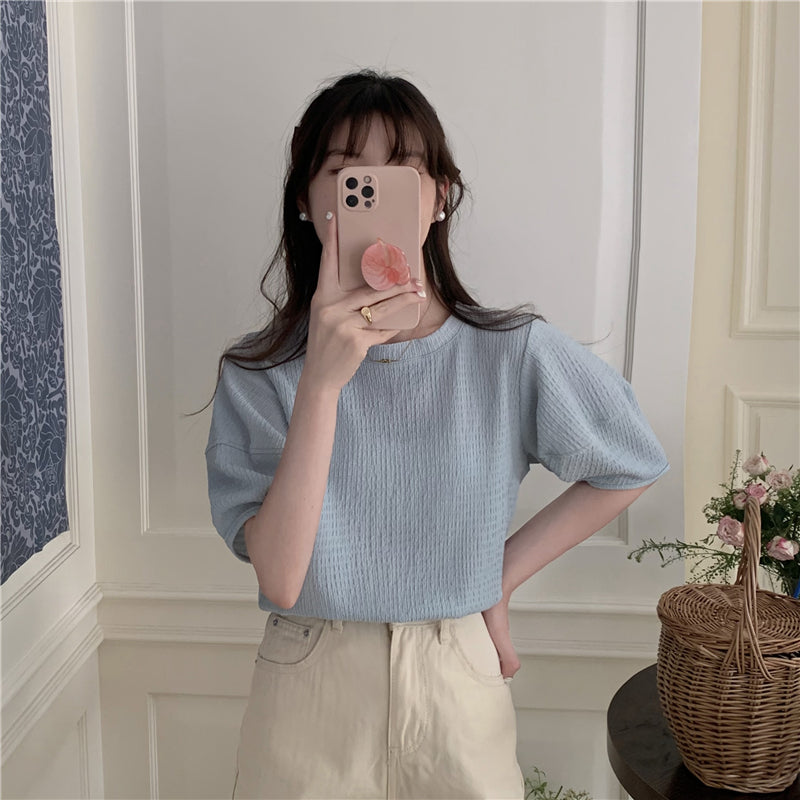 【F60340】實拍韓系簡約泡泡袖肌理短袖T250408