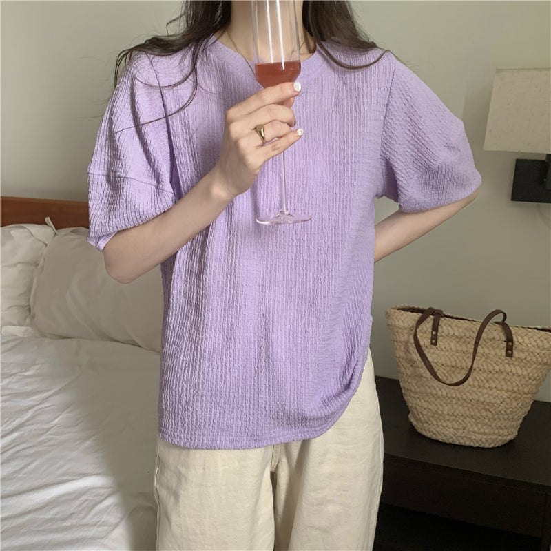 【F60340】實拍韓系簡約泡泡袖肌理短袖T250408