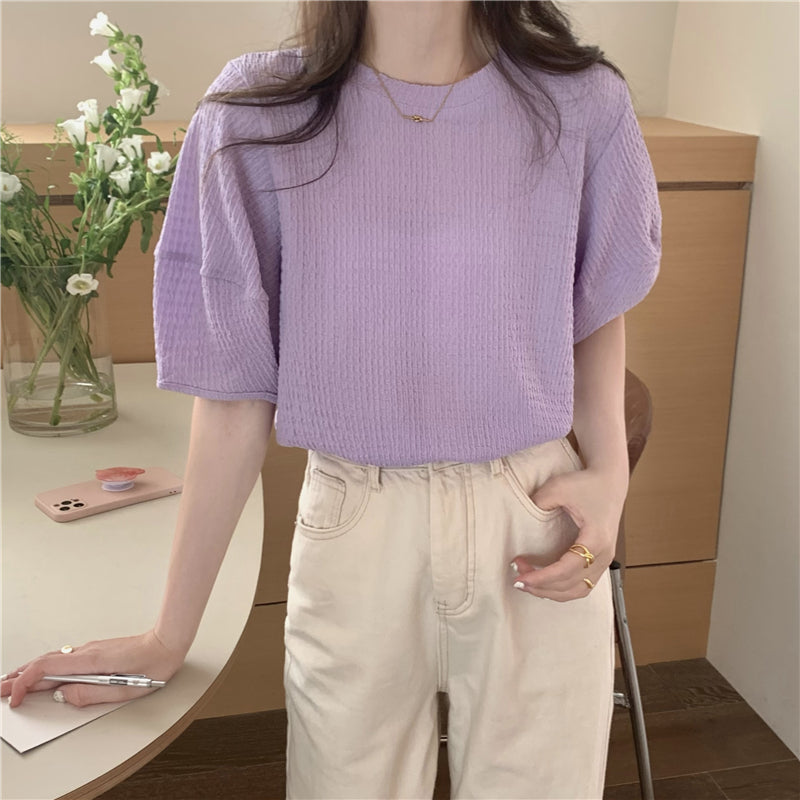 【F60340】實拍韓系簡約泡泡袖肌理短袖T250408
