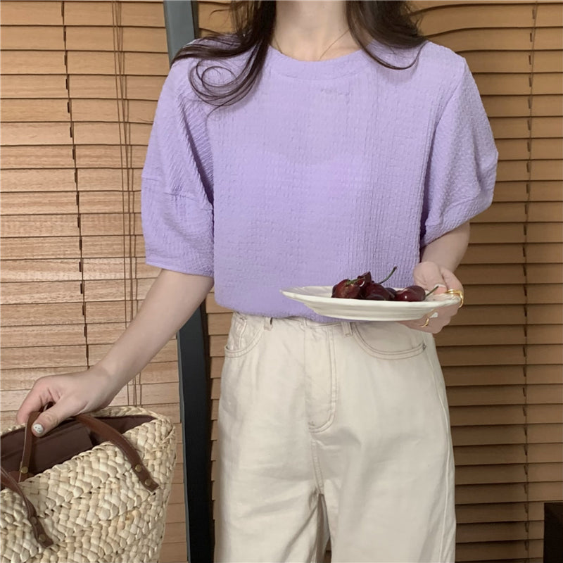 【F60340】實拍韓系簡約泡泡袖肌理短袖T250408