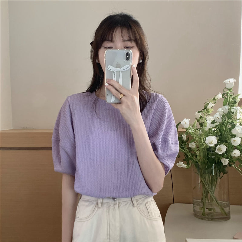 【F60340】實拍韓系簡約泡泡袖肌理短袖T250408