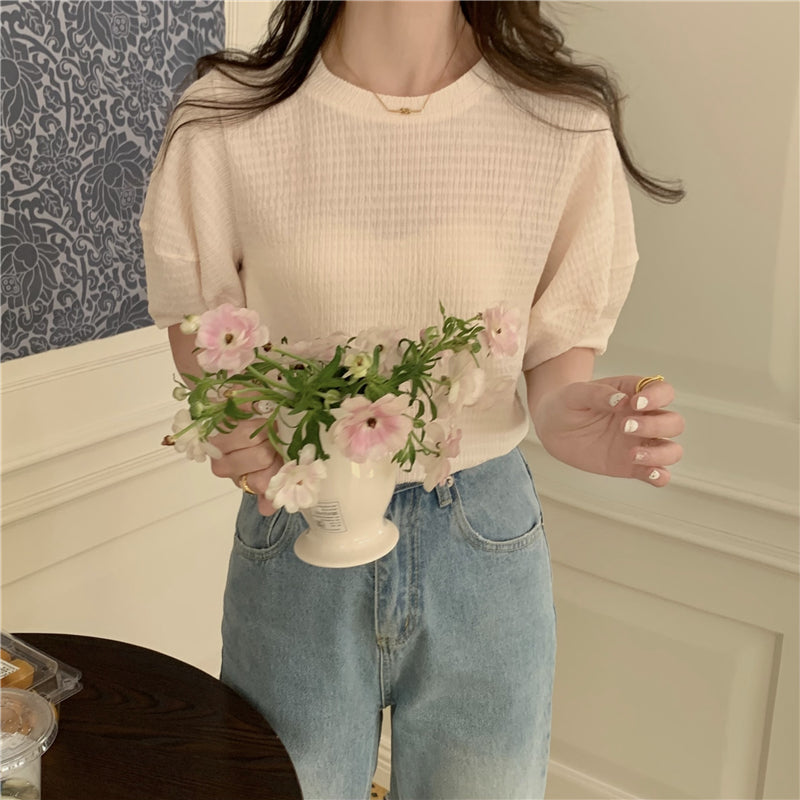 【F60340】實拍韓系簡約泡泡袖肌理短袖T250408