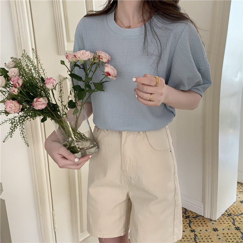 【F60340】實拍韓系簡約泡泡袖肌理短袖T250408
