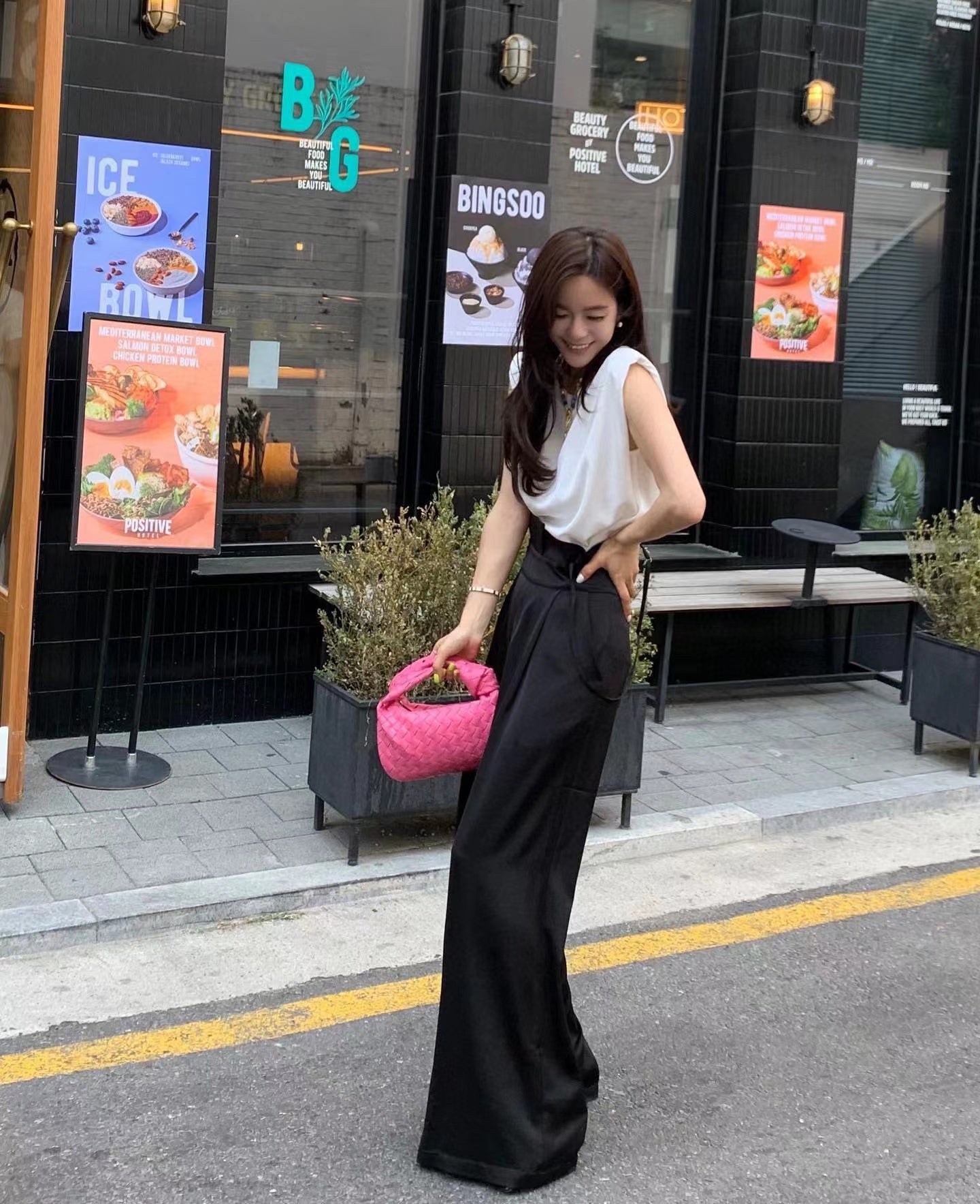 【F034258】夏天高腰垂感印花吊帶闊腿褲250325
