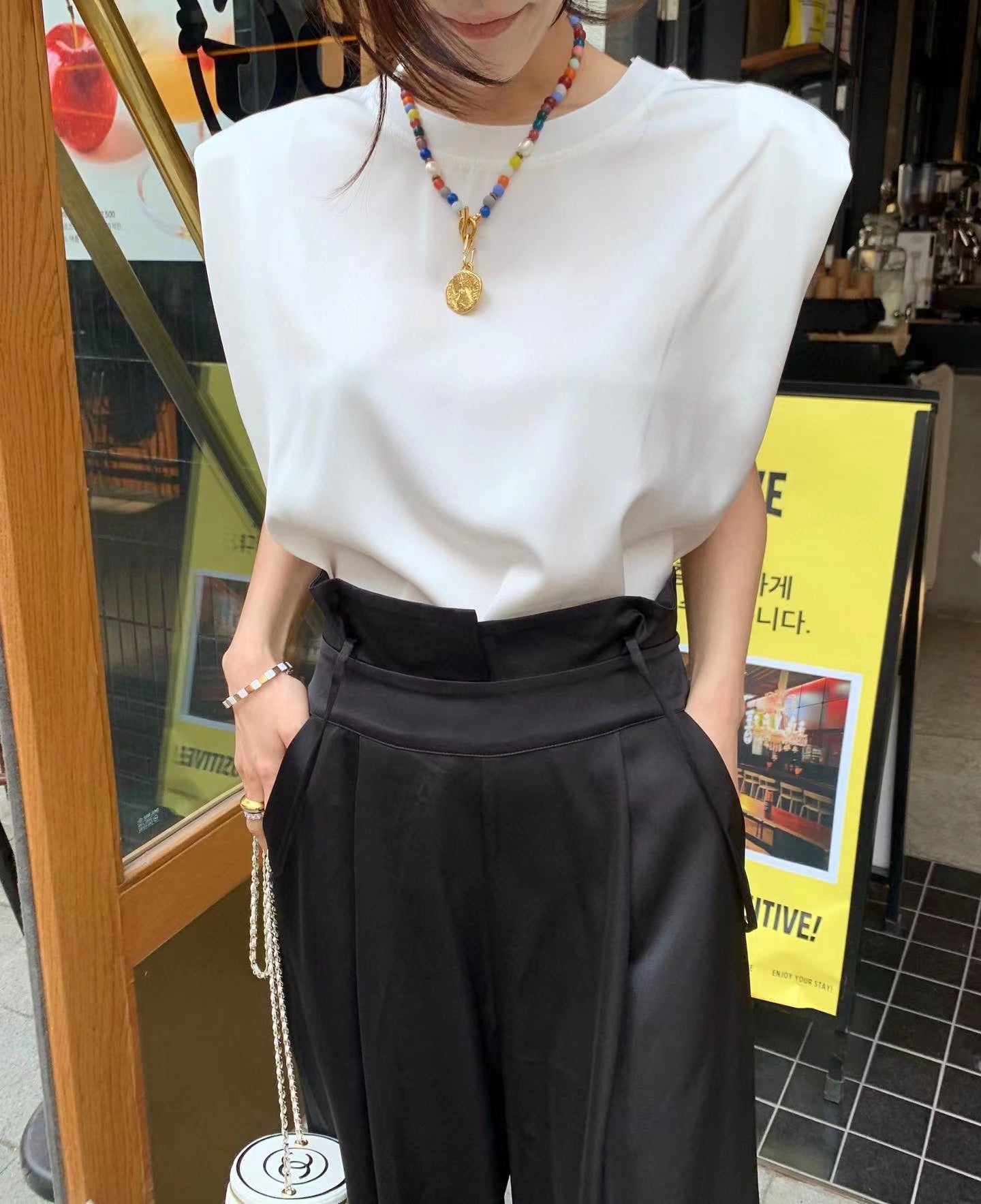 【F034258】夏天高腰垂感印花吊帶闊腿褲250325