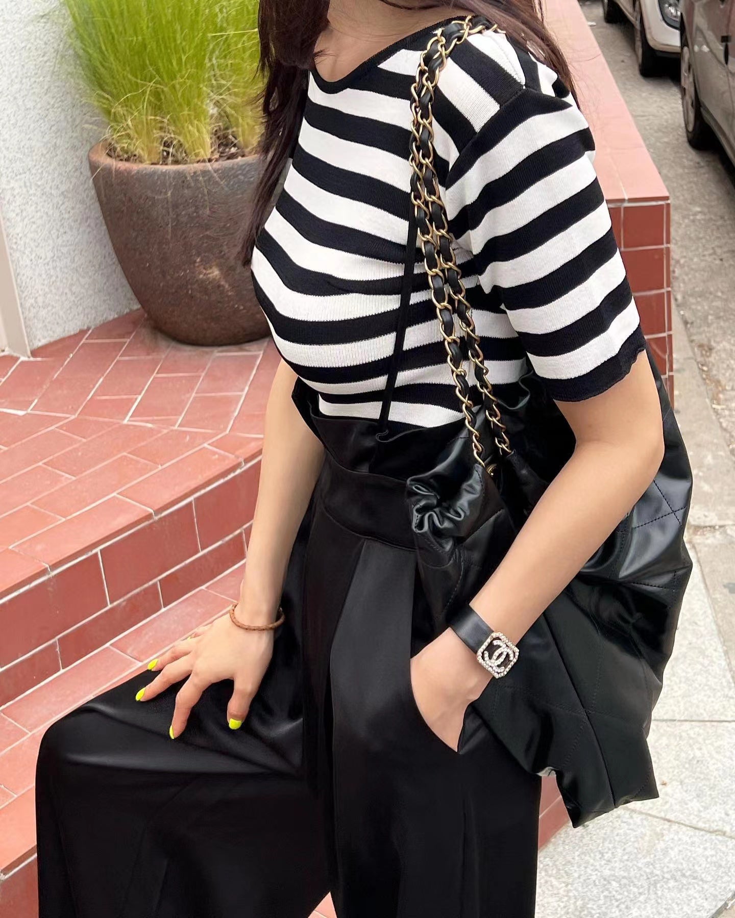 【F034258】夏天高腰垂感印花吊帶闊腿褲250325