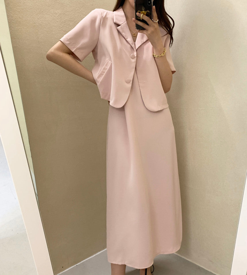 【F032263】韓國夏季簡約小眾外套上衣+吊帶洋裝250311