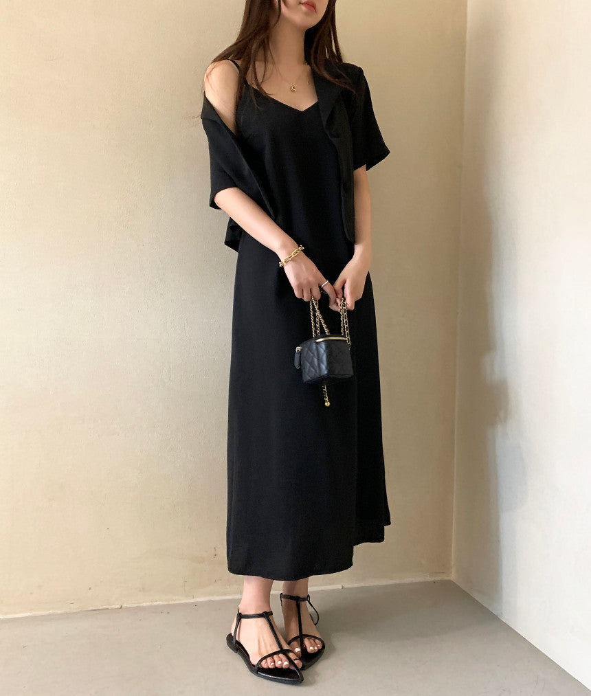 【F032263】韓國夏季簡約小眾外套上衣+吊帶洋裝250311