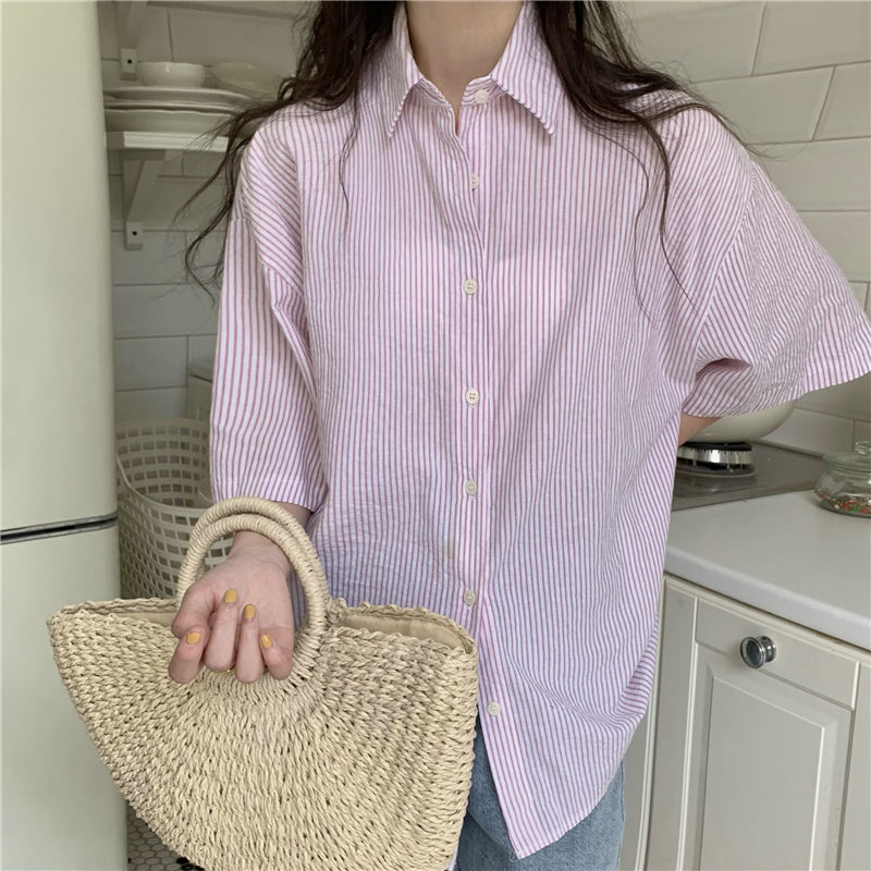 【F60337】實拍夏季直條寬鬆短袖襯衫250408