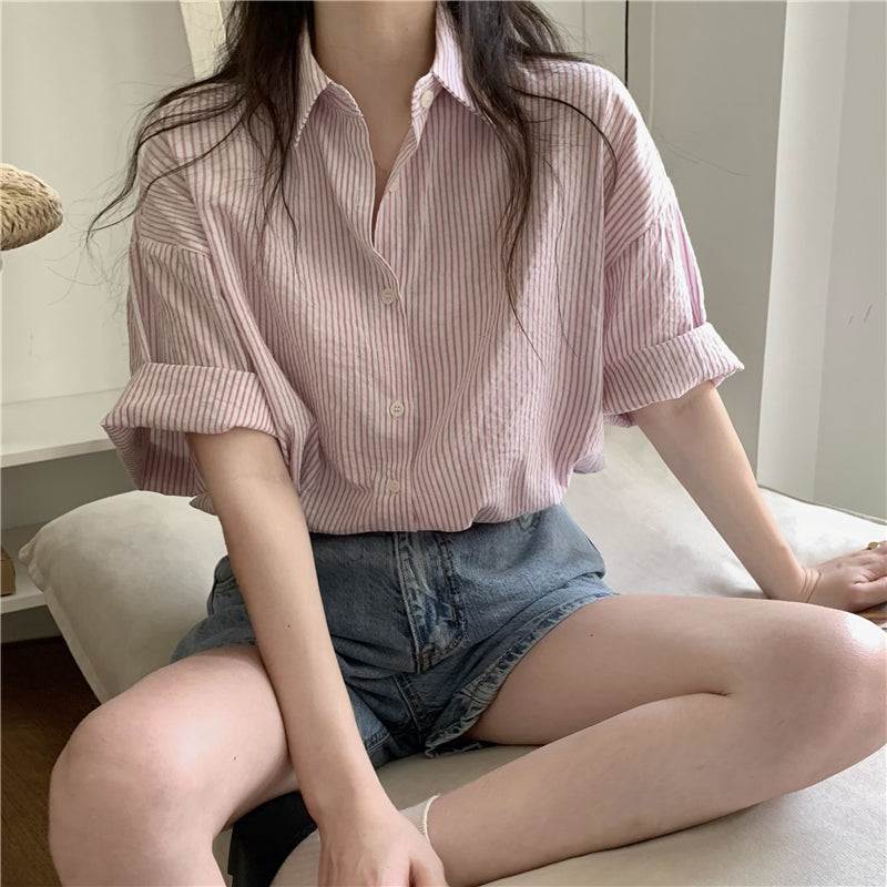 【F60337】實拍夏季直條寬鬆短袖襯衫250408