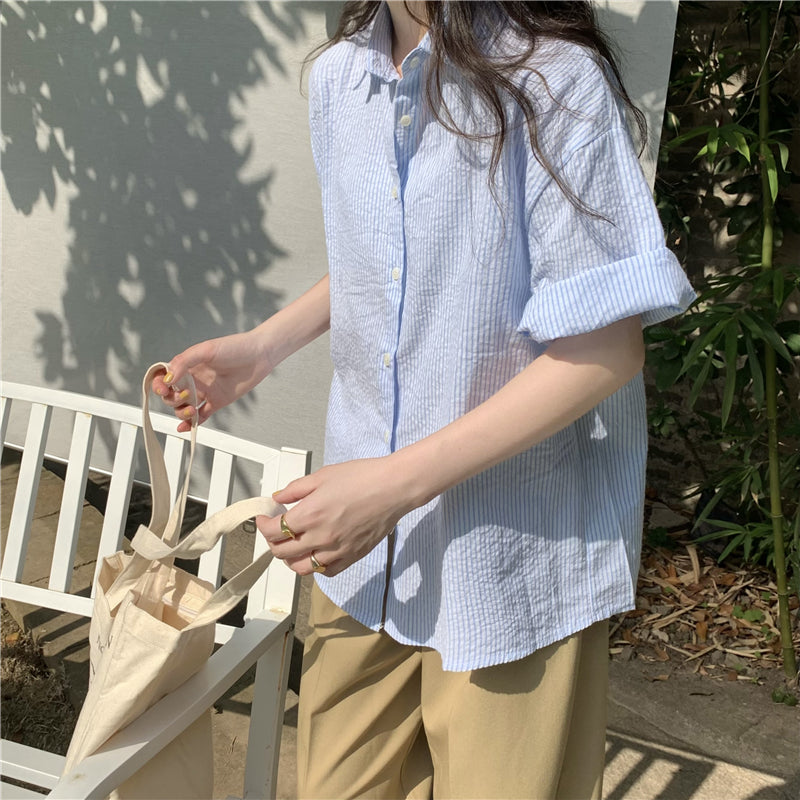 【F60337】實拍夏季直條寬鬆短袖襯衫250408