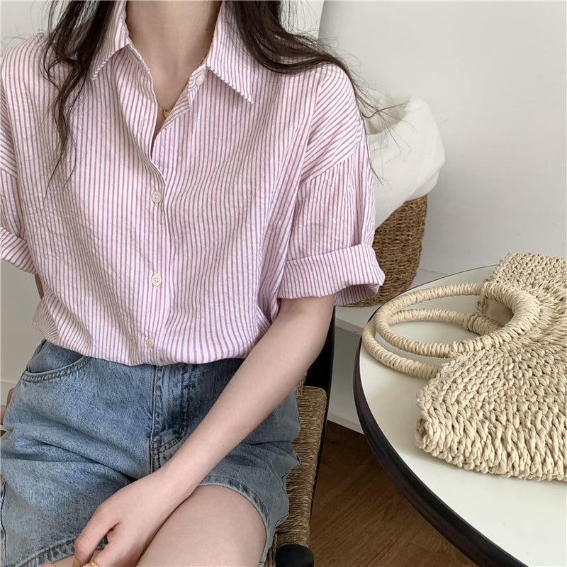 【F60337】實拍夏季直條寬鬆短袖襯衫250408