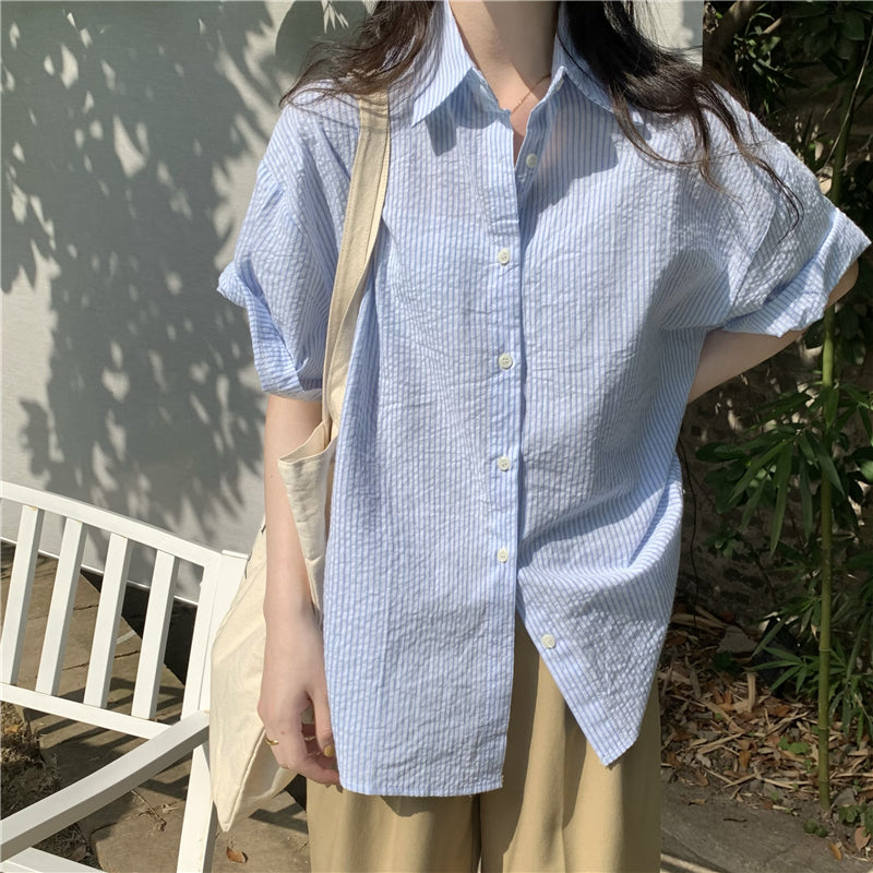 【F60337】實拍夏季直條寬鬆短袖襯衫250408