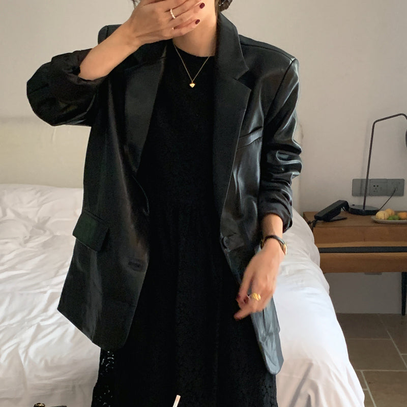 【F60112】實拍帥酷氣質男友風pu皮質西裝外套250212