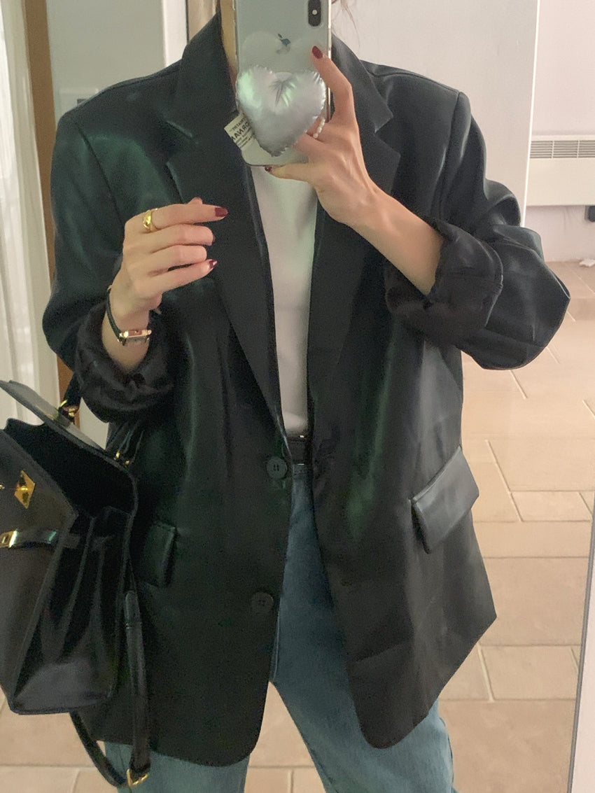 【F60112】實拍帥酷氣質男友風pu皮質西裝外套250212