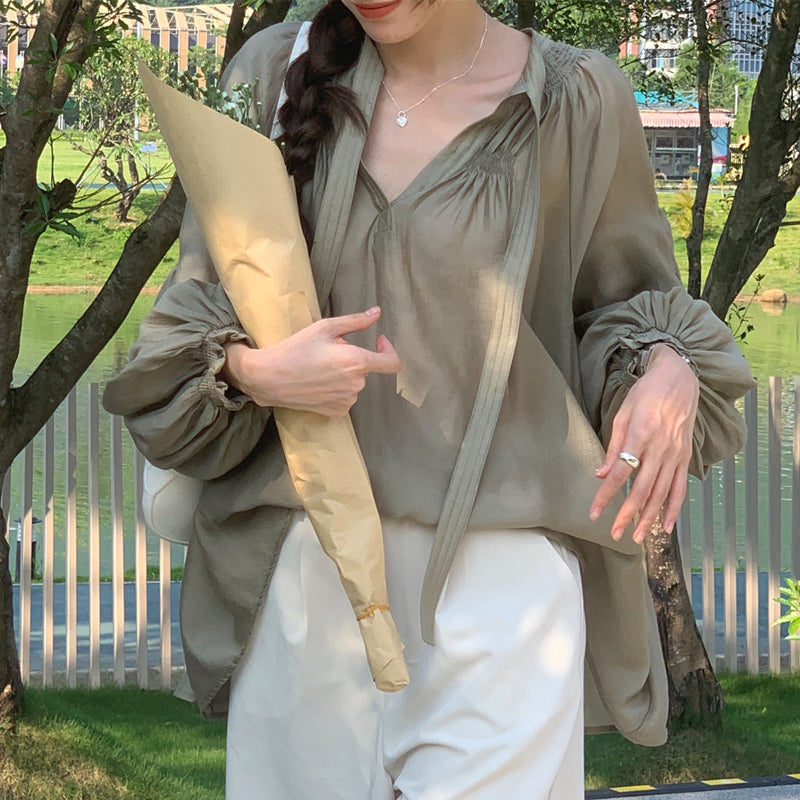 【F60105】實拍法式仙氣飄帶褶皺長袖襯衫250212