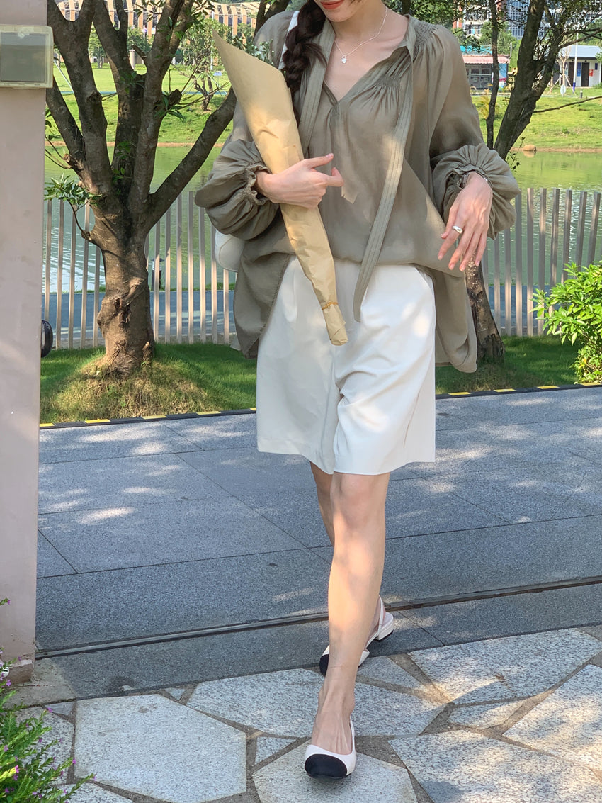 【F60105】實拍法式仙氣飄帶褶皺長袖襯衫250212