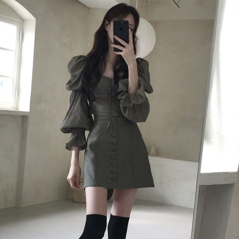 【F01222】早春韓國法式方領上衣+高腰a字裙(分開下單)250113