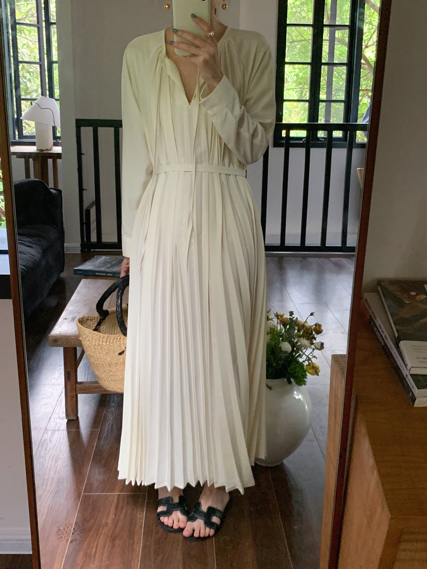 【F60141】實拍法式温柔慵懶氣質繫帶壓褶洋裝250218