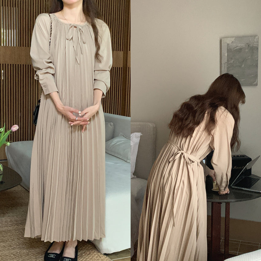 【F60141】實拍法式温柔慵懶氣質繫帶壓褶洋裝250218