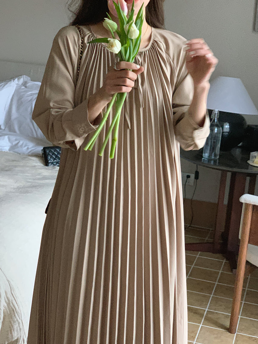 【F60141】實拍法式温柔慵懶氣質繫帶壓褶洋裝250218