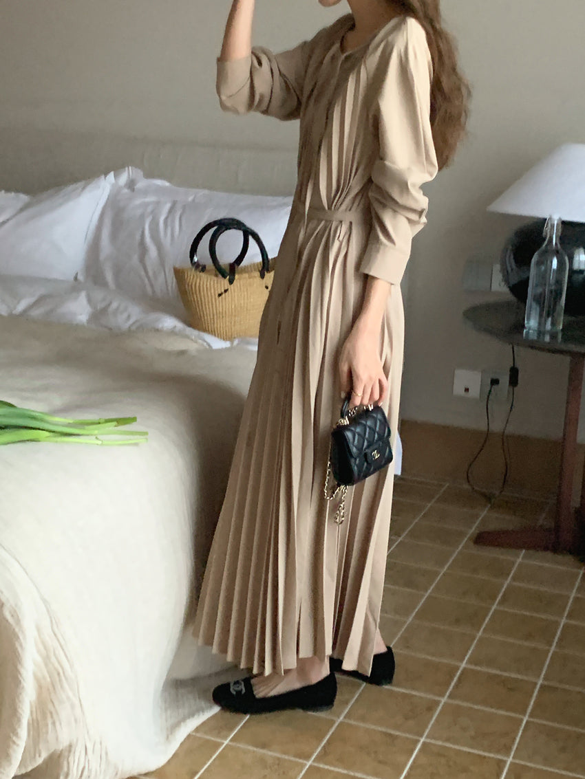 【F60141】實拍法式温柔慵懶氣質繫帶壓褶洋裝250218