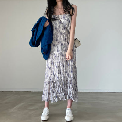 【F032285】韓國夏季時尚個性水墨印花褶皺吊帶洋裝250311