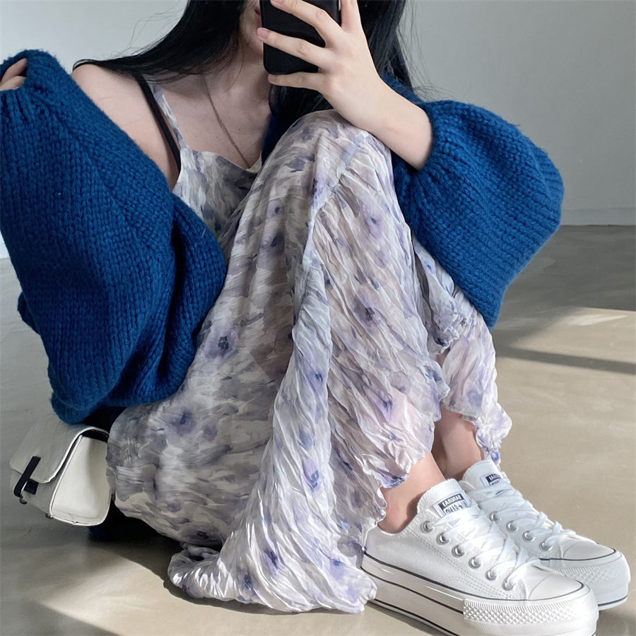 【F032285】韓國夏季時尚個性水墨印花褶皺吊帶洋裝250311