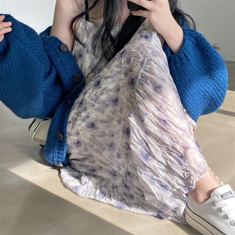 【F032285】韓國夏季時尚個性水墨印花褶皺吊帶洋裝250311