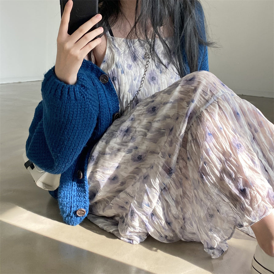 【F032285】韓國夏季時尚個性水墨印花褶皺吊帶洋裝250311