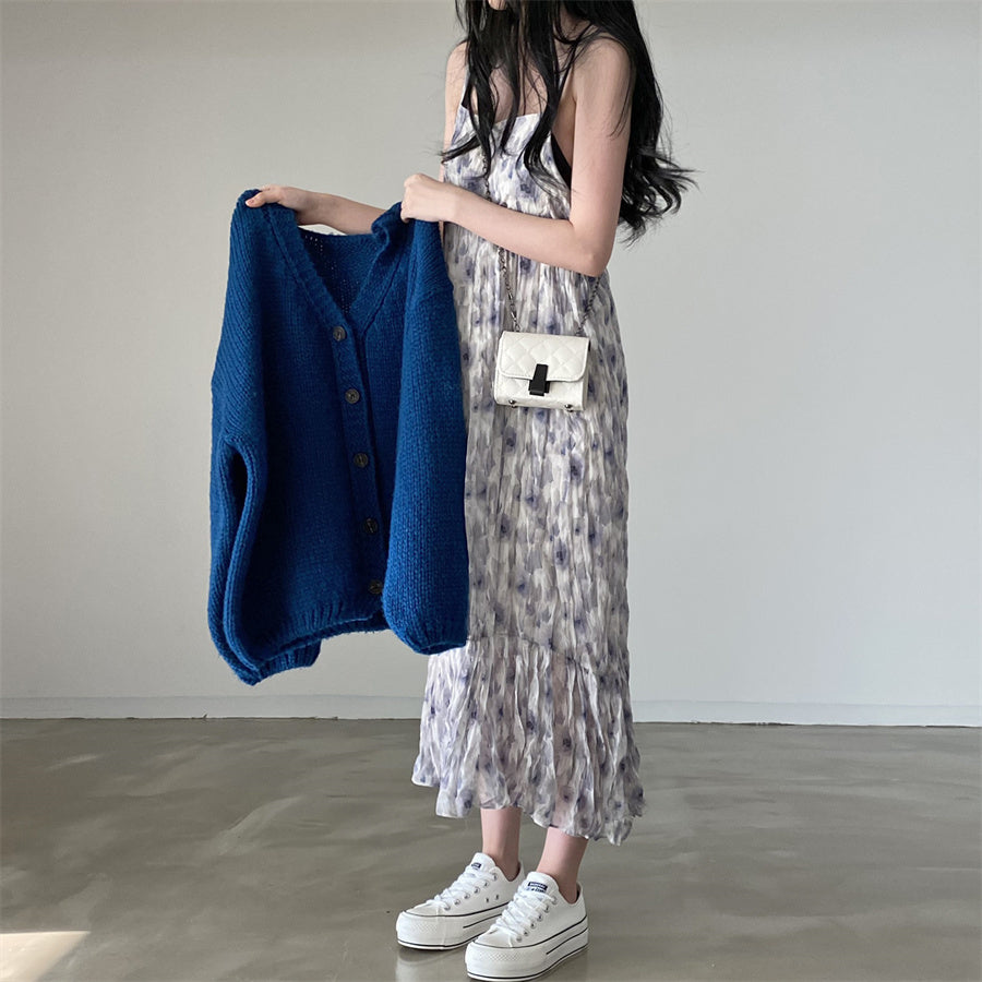【F032285】韓國夏季時尚個性水墨印花褶皺吊帶洋裝250311