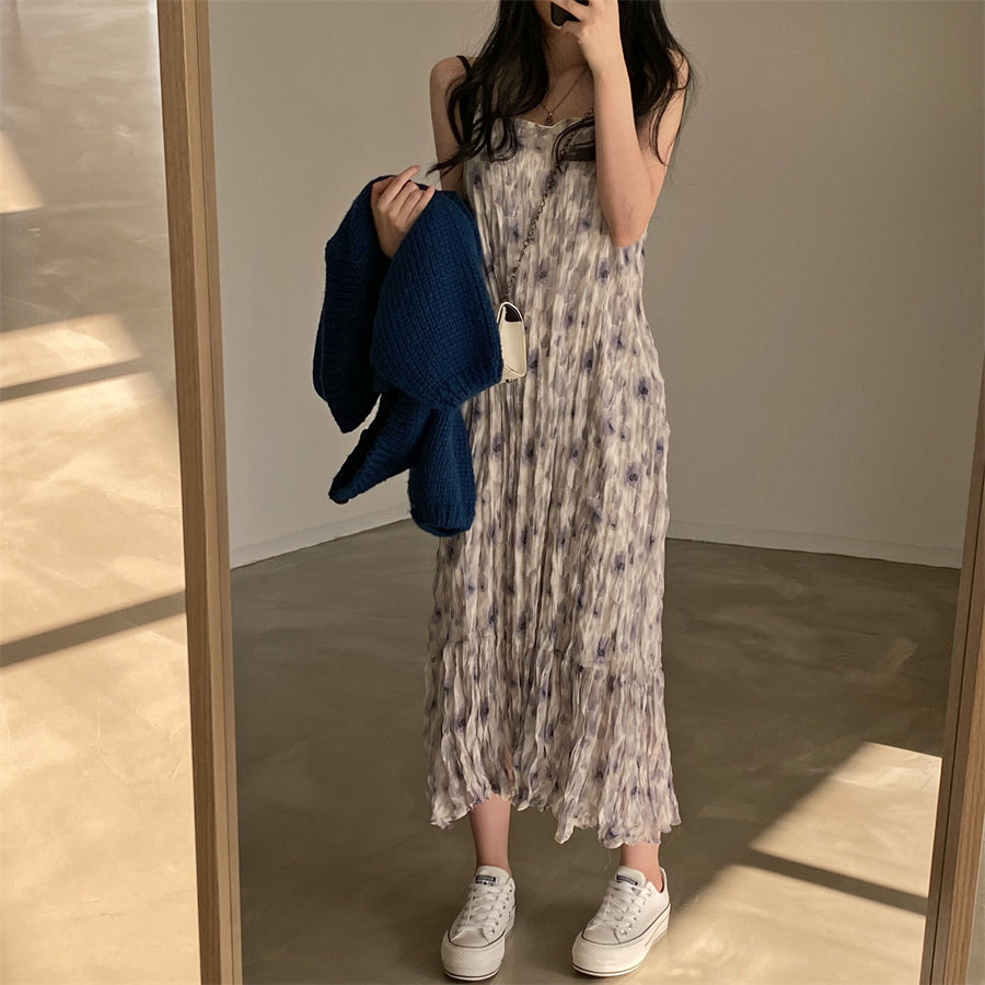 【F032285】韓國夏季時尚個性水墨印花褶皺吊帶洋裝250311
