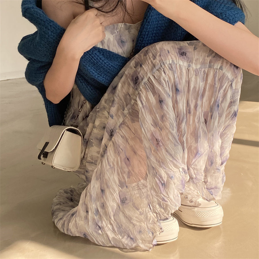 【F032285】韓國夏季時尚個性水墨印花褶皺吊帶洋裝250311