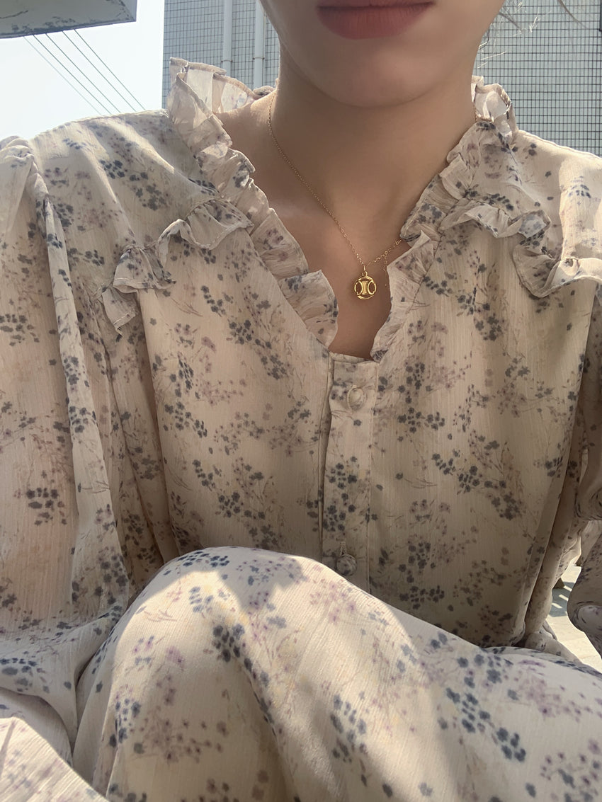 【F60106】實拍仙仙仙女裙~V領木耳邊碎花長袖繫帶洋裝250212