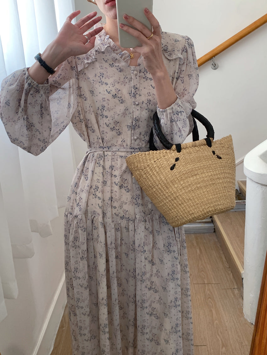 【F60106】實拍仙仙仙女裙~V領木耳邊碎花長袖繫帶洋裝250212