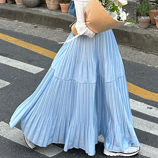 【F01102】 早春韓國氣質高腰顯瘦不規則大擺百褶裙250106