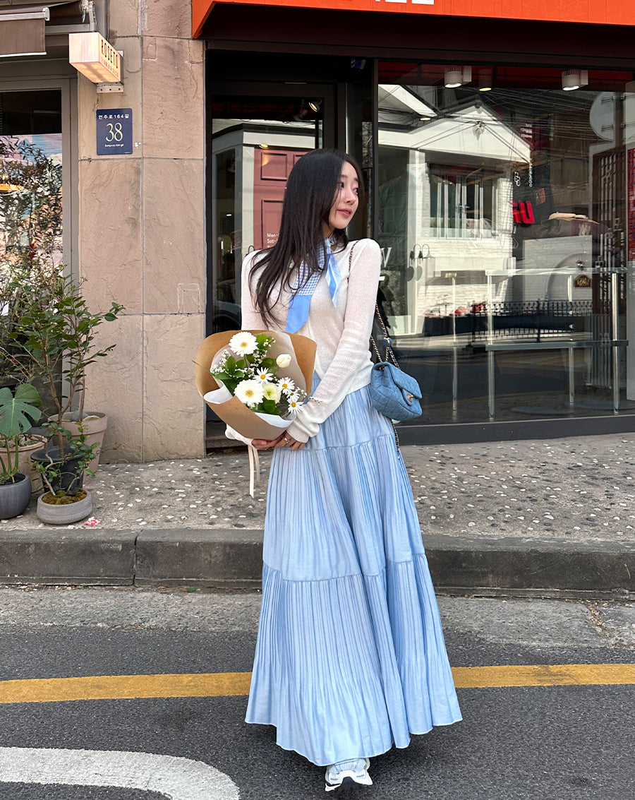 【F01102】 早春韓國氣質高腰顯瘦不規則大擺百褶裙250106