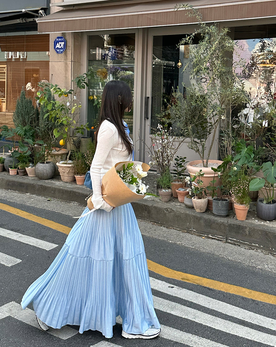 【F01102】 早春韓國氣質高腰顯瘦不規則大擺百褶裙250106