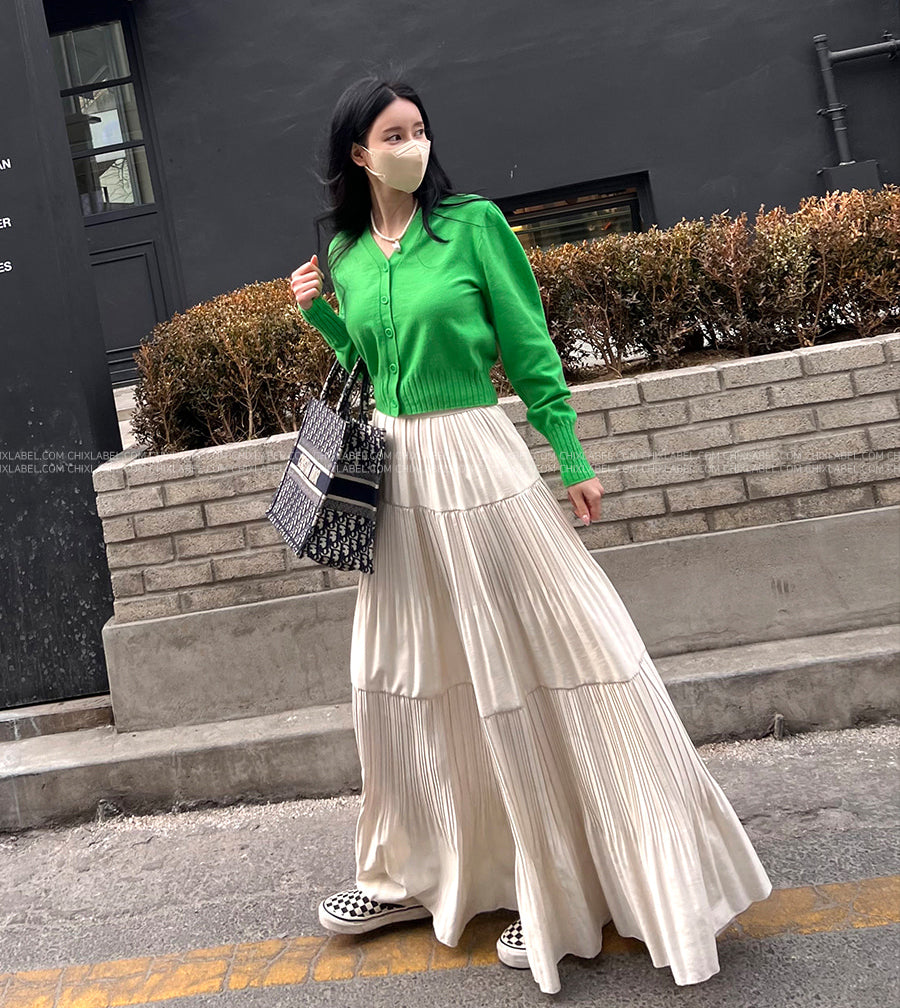 【F01102】 早春韓國氣質高腰顯瘦不規則大擺百褶裙250106