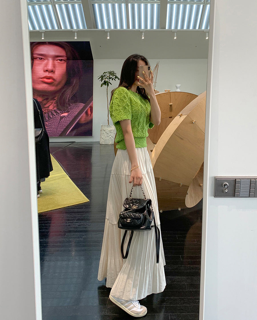 【F01102】 早春韓國氣質高腰顯瘦不規則大擺百褶裙250106