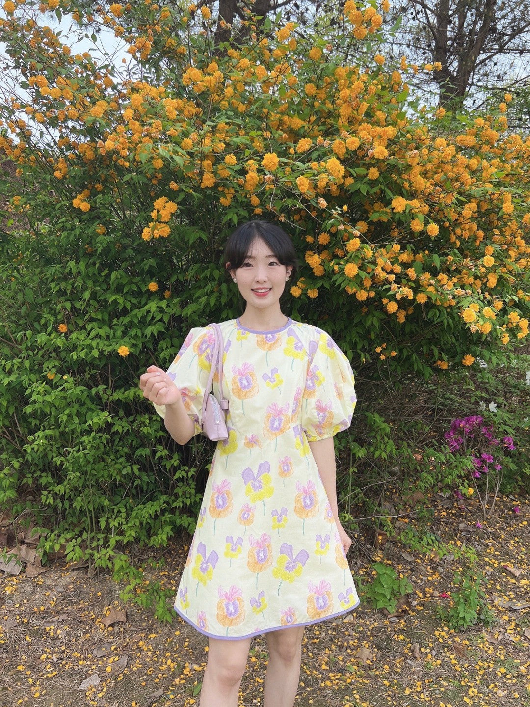 【F60307】夏天韓國東大門大花朵圓領泡泡袖a字洋裝250401