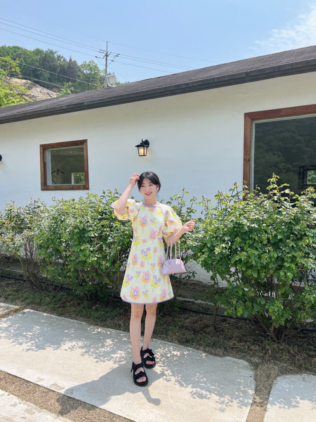 【F60307】夏天韓國東大門大花朵圓領泡泡袖a字洋裝250401