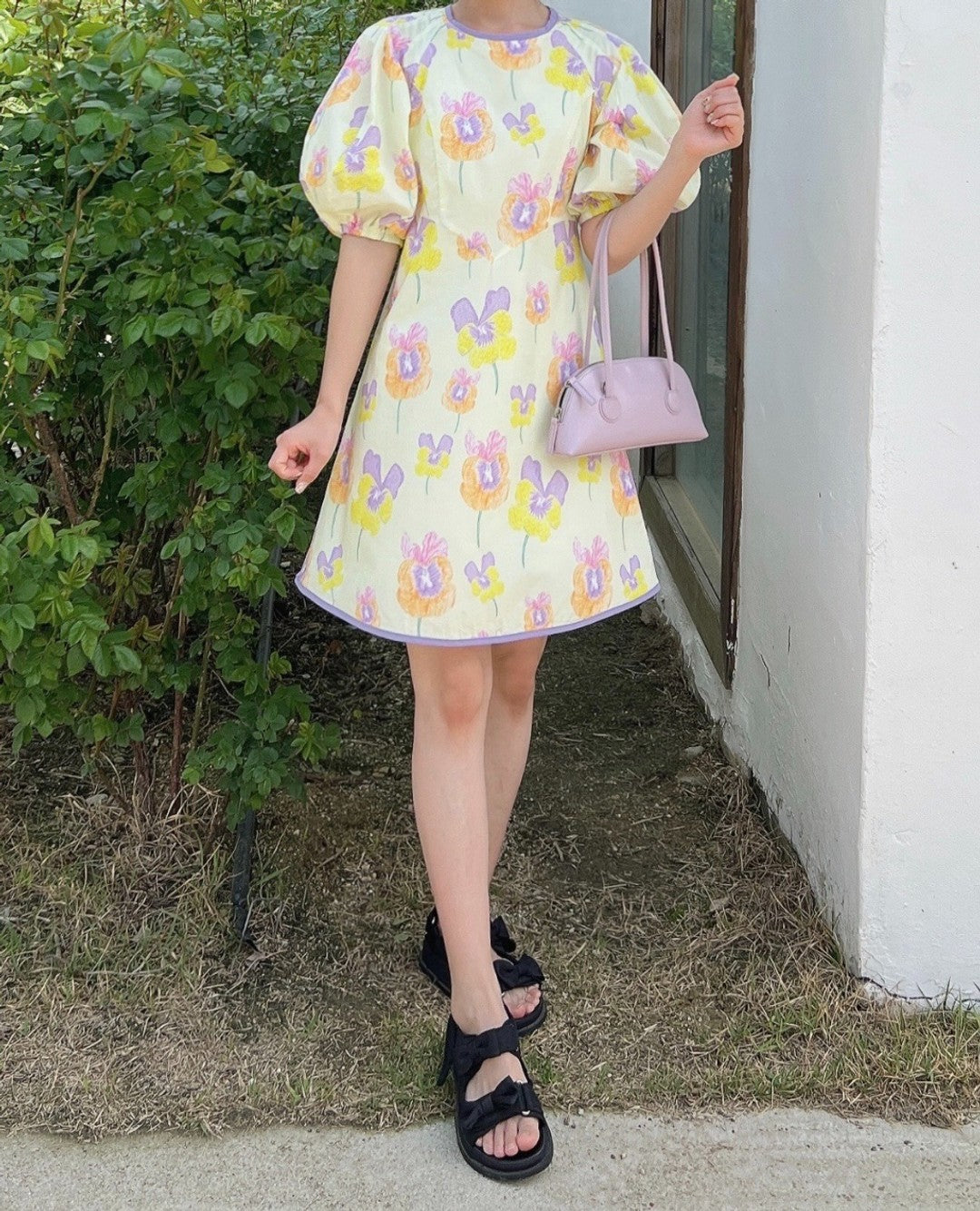 【F60307】夏天韓國東大門大花朵圓領泡泡袖a字洋裝250401
