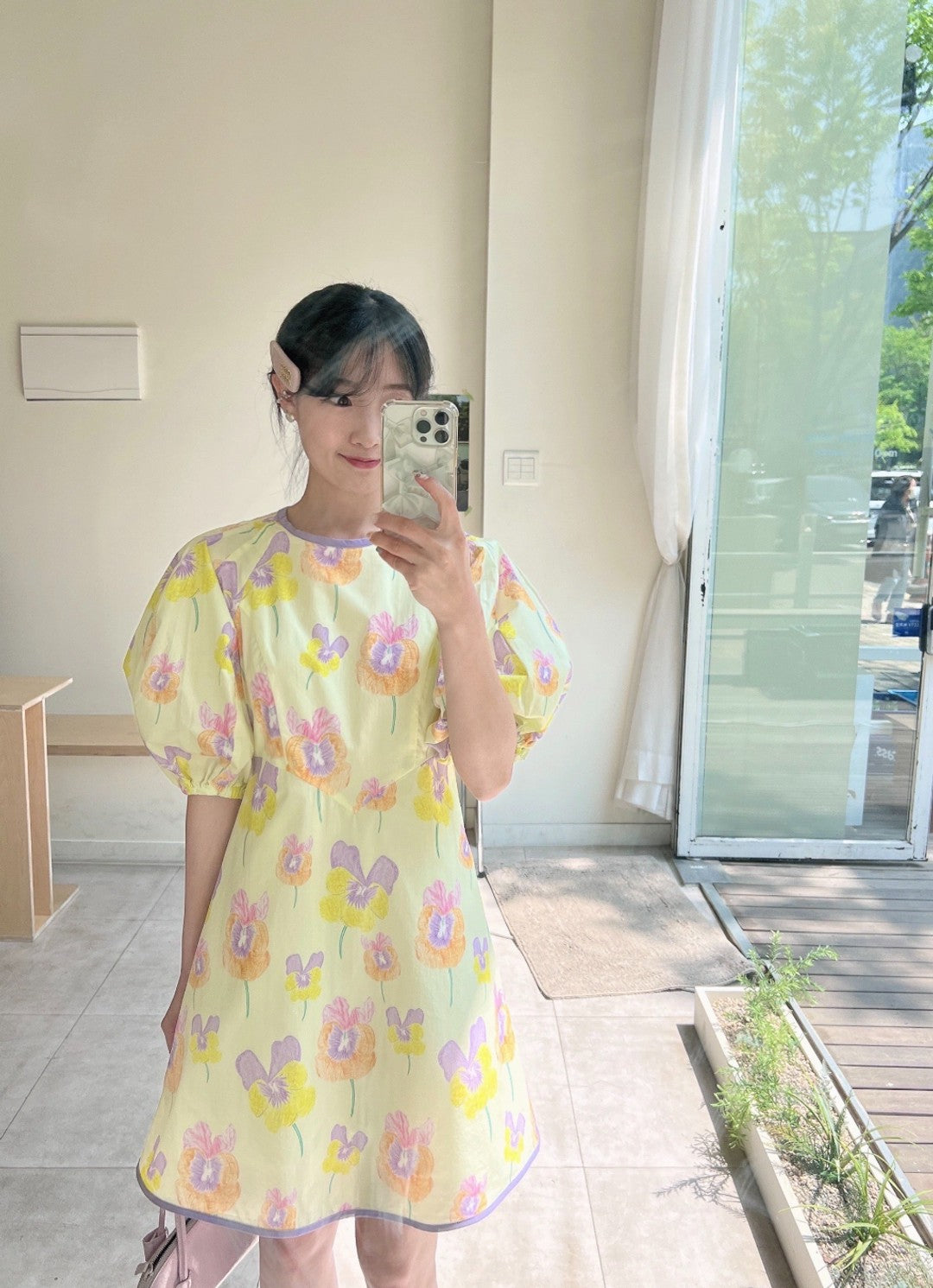 【F60307】夏天韓國東大門大花朵圓領泡泡袖a字洋裝250401