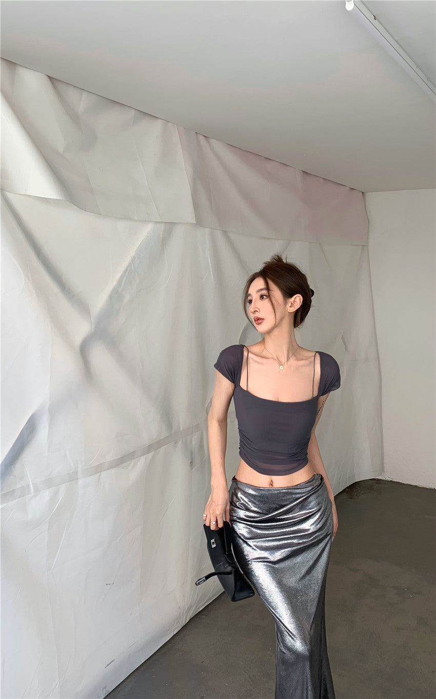 【F60334】實拍夏季修身網紗短款上衣250408