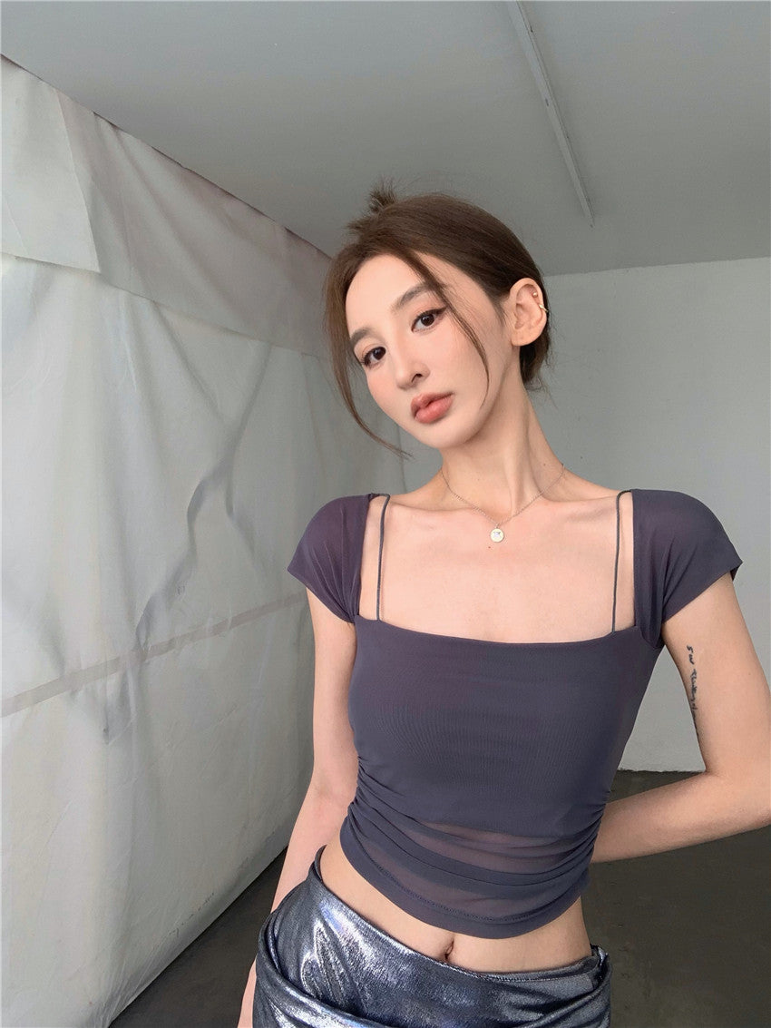 【F60334】實拍夏季修身網紗短款上衣250408